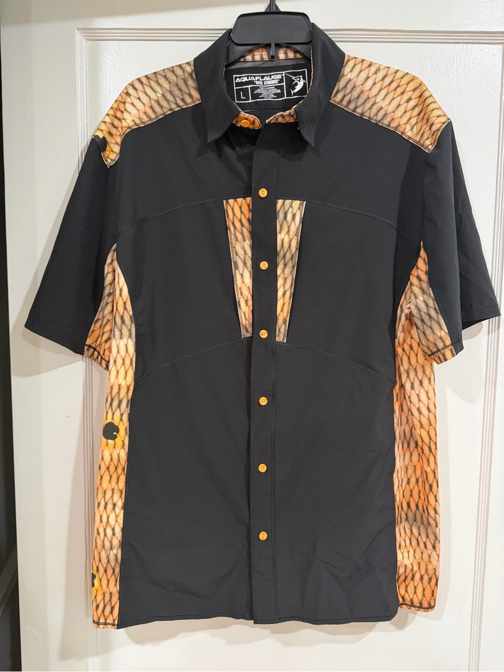 Reel Legends Black Short-Sleeve Button Shirt with Orange Scale Panels large
